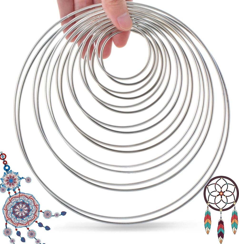 16 Stück Metallringe Drahtringe Traumfänger Basteln Florale Creolen Ringe, Silber, 5/6,5/8/10/12/14/16/19cm Wandbehang Mobile Dekor Ring