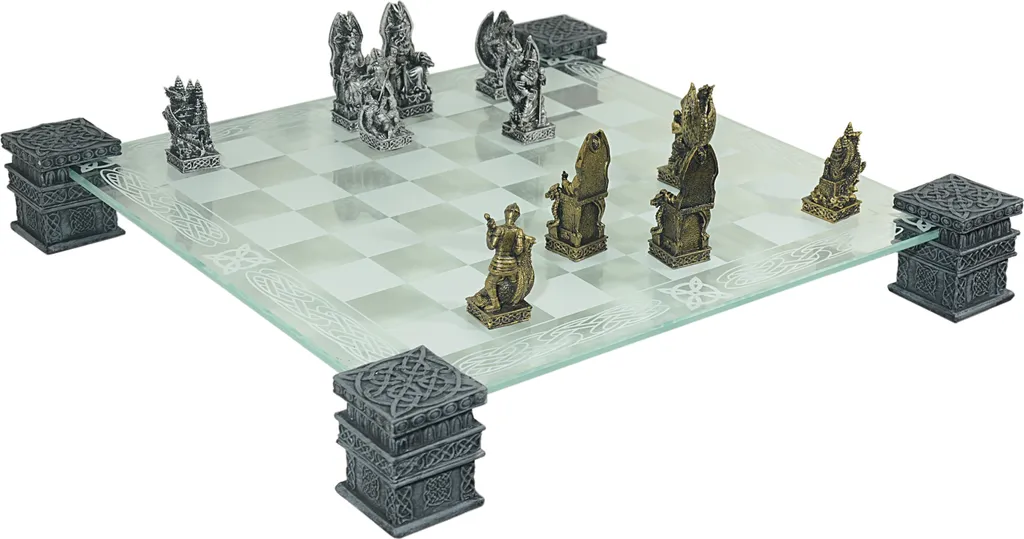 Jeu d'échecs Roi Arthur or et argent avec plateau en verre élégant