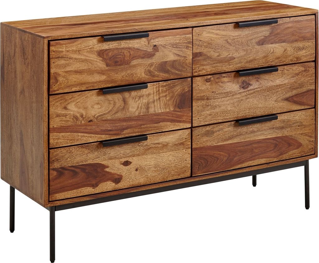 Sideboard "Barasat" aus Korpus: Sheesham Massivholz, mit Klarlack beschichtet Untergestell: schwarz pulverbeschichteter Edelstahl Griffe: Metall R...