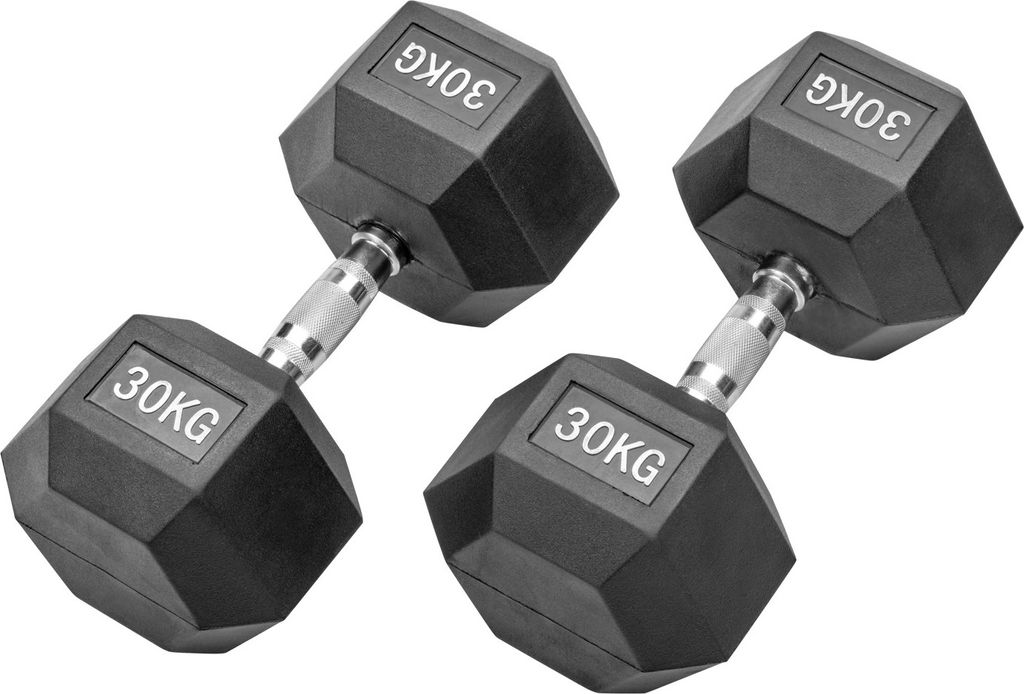 Gummierte Hexagon Hanteln mit verchromten Griffen : 2 x 30 kg (60 kg) Gewicht: 2 x 30 kg (60 kg)