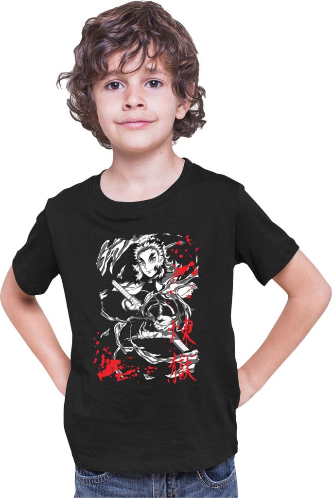 Kinder T-Shirt Demon Anime Slayer Kimetsu No Yaiba Kyoujuro Rengoku 004, 12-13 Jahr - 152 / Schwarz
