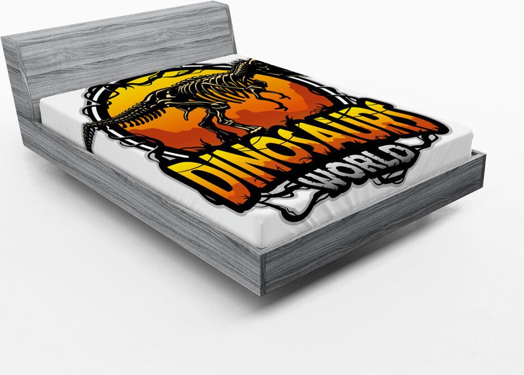 ABAKUHAUS Dinosaurier Spannbetttuch, Dinosaurier-Weltemblem mit Tyrannosaur Skeleton totem furchtsamem Tier-Fossil, 150 x 190 cm, Orange Gelb Grau
