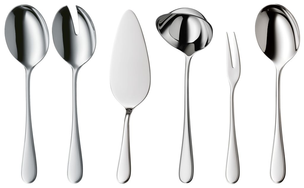A collection of six polished metal serving utensils arranged in a line against a white background.