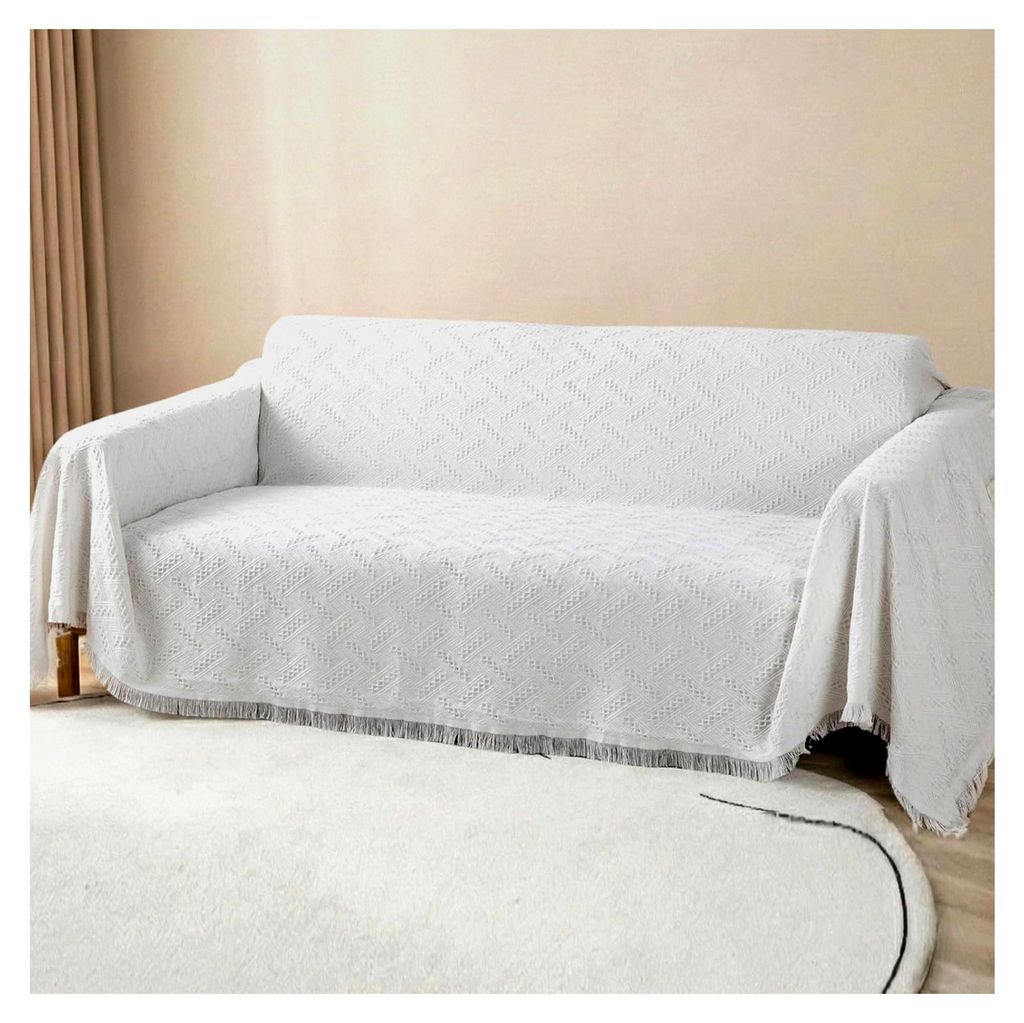 Vielseitiger Sofaüberwurf für große Couch, Wendbarer Sofabezug, Tagesdecke mit dekorativen Quasten - Weiß, 180x300cm