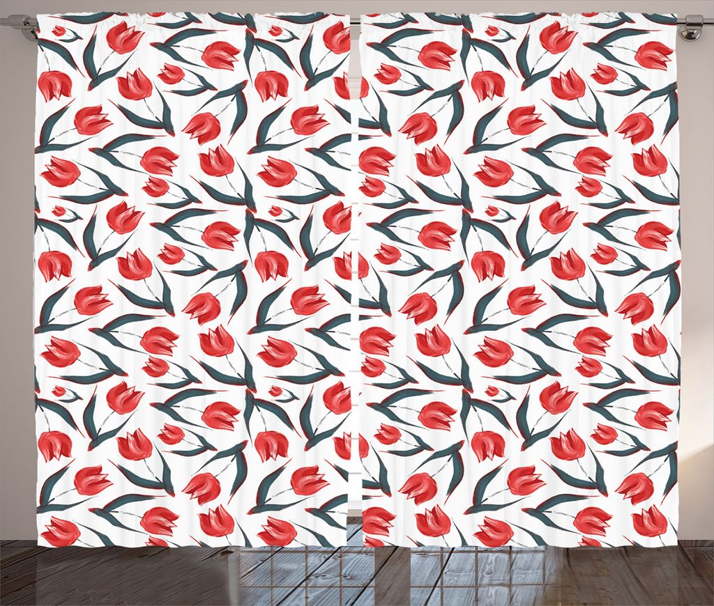 ABAKUHAUS rot Rustikaler Gardine, Vintage Inspired Tulpen, Schlafzimmer Kräuselband Vorhang mit Schlaufen und Haken, 280 x 245 cm, Grün Rot
