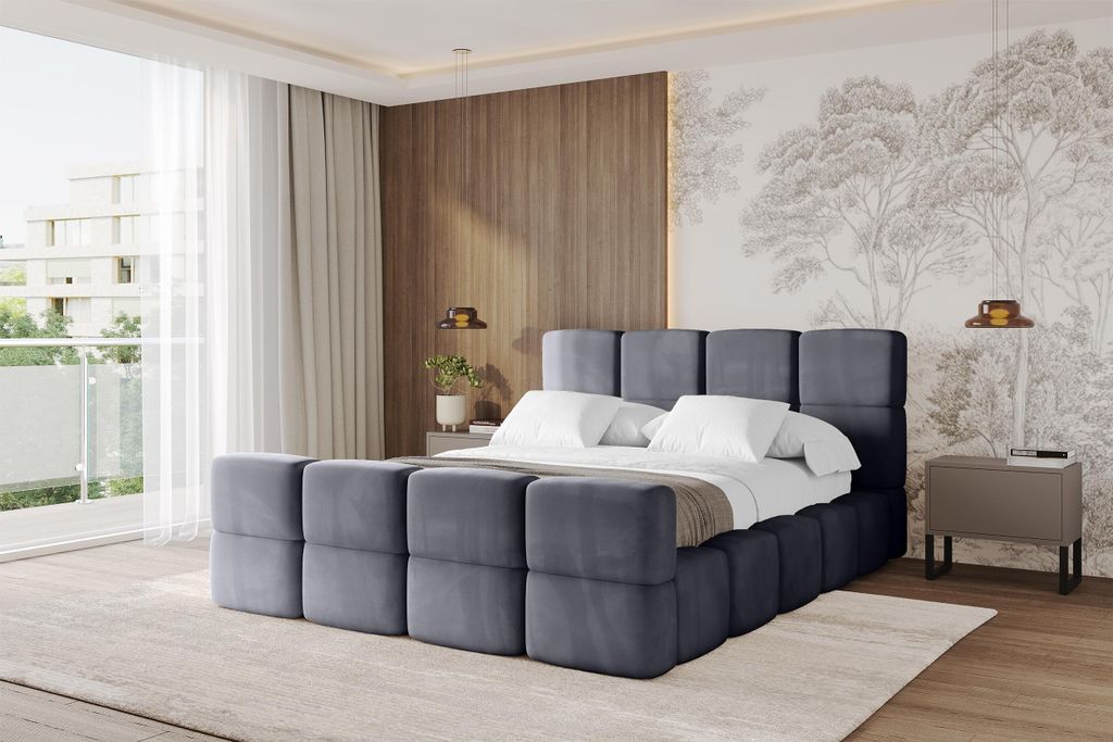 ALTDECOR Polsterbett mit Bettkasten - NATA-Z 200x200 Dunkelgrau, Bett mit Kopfteil, Boxbett mit Matratze H3/H4, Doppelbett mit Stauraum