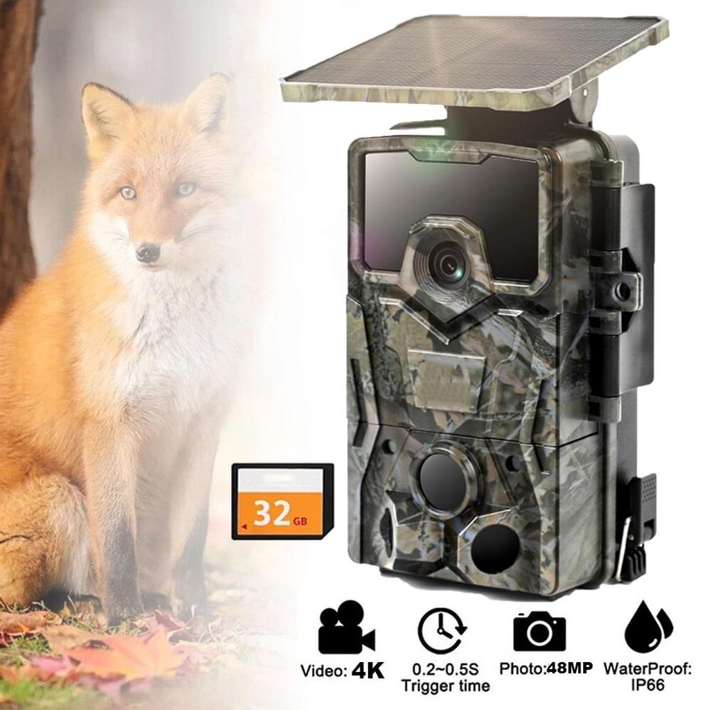 Wildkamera Wildtierkamera 4K 48P WLAN Solar Wildkamera mit 2600mAh Akku & Bewegungsmelder Nachtsicht 0,2s Auslösezeit Inklusive 32GB Karte
