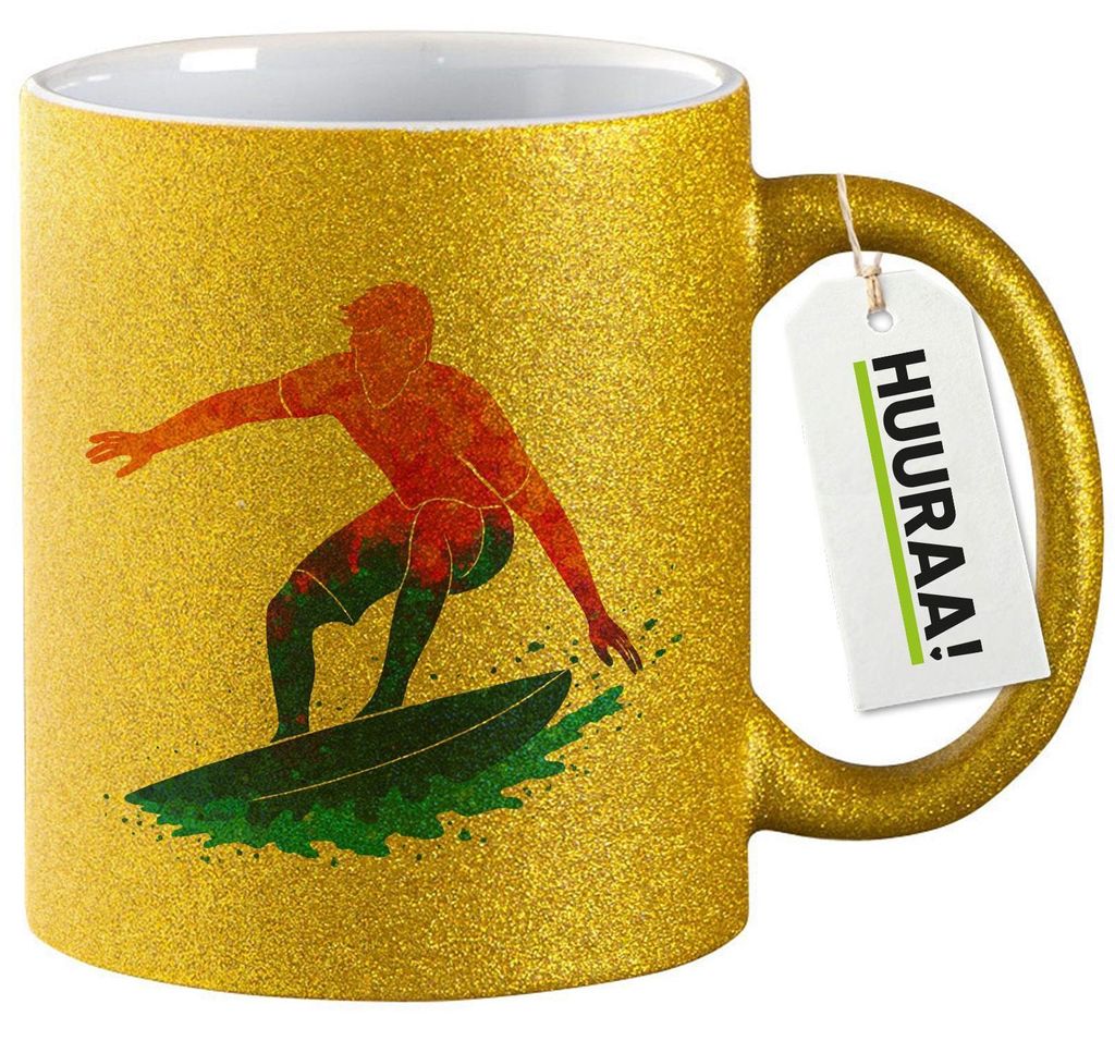 Huuraa Glitzertasse Surfen bunte Silhouette 330ml Gold Keramik Kaffeebecher Geschenkidee