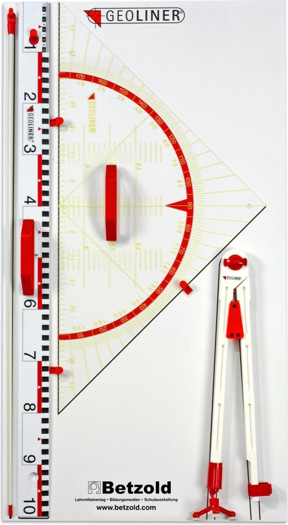 Geoliner Geräteplatte, 5-teilig, Ausführung: 80 cm Hypotenuse, weitere Ausführung: Tafelzirkel mit Saugnapf