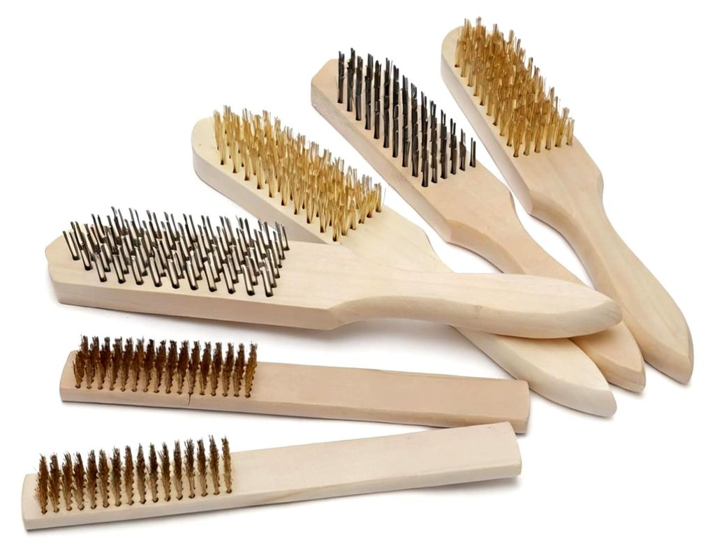 Drahtbürsten Set 6-teilig mit schwarzer Stahlbürste, Messingbürste und Feilenbürste mit Holzgriff für Werkstatt, Auto, Grill und Haushalt