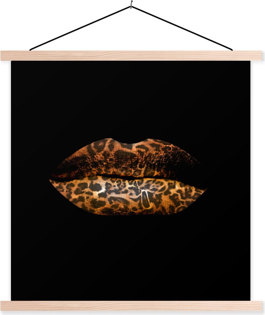 MuchoWow Textilposter Lippen - Tigerdruck - Schwarz 60x60 cm mit holzfarbenen Rahmen - Wanddekoration