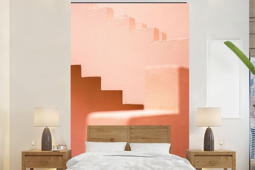 MuchoWow Fototapete für Wohnzimmer oder Schlafzimmer Wandtapete Vinyl Motivtapete Architektur - Treppe - Pastell - Rosa - 195x300 cm - Das Hinte...