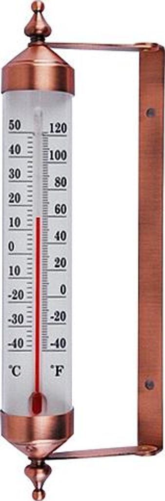 A thermometer with copper accents mounted on a wall bracket.