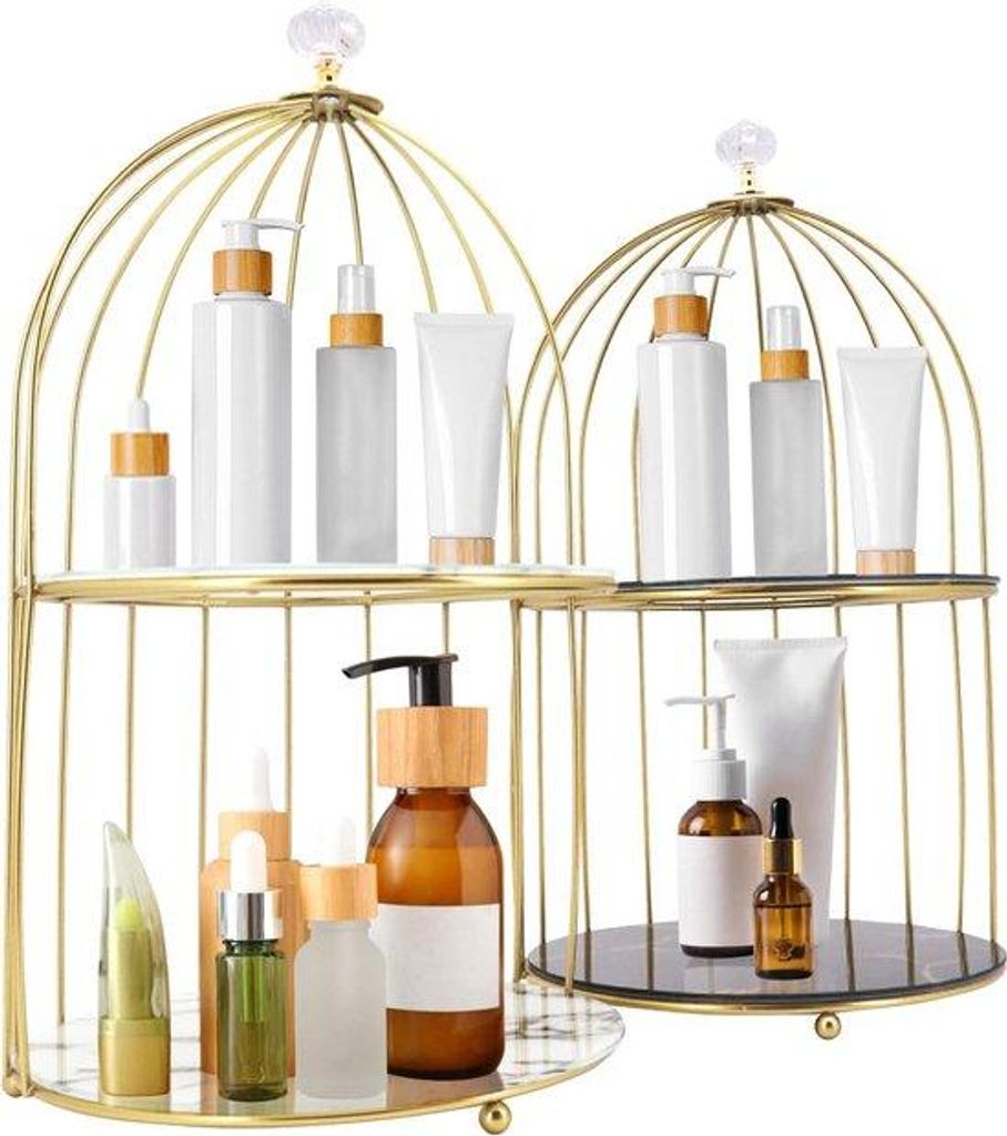 Make-up Organisator, 2-laags Cosmetica Sieraden Opbergmandje met Glazen Plank, Vogelkooi Vorm, Aanrechtblad, Make-up Organisator, Zwart Wit, Zweisc...