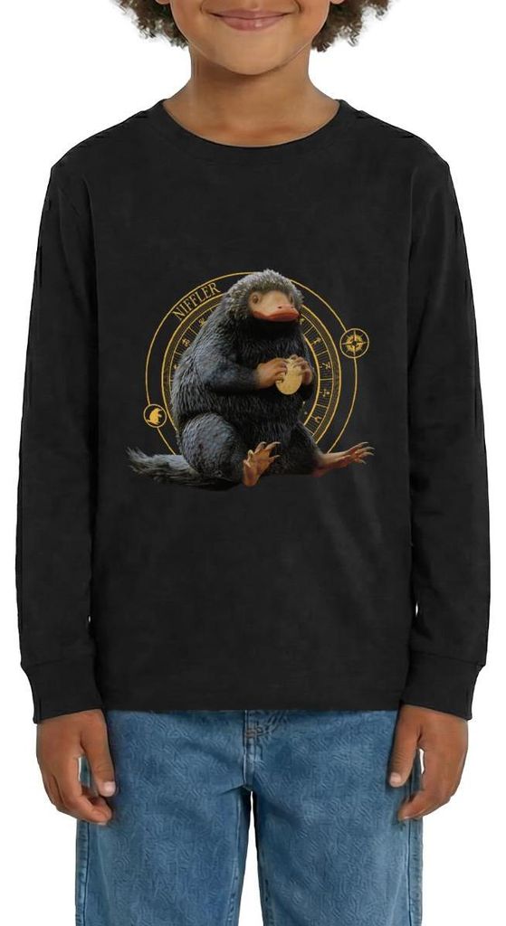 Spreadshirt Phantastische Tierwesen Niffler mit Gold Teenager Premium Langarmshirt, 146/152 (10 Jahre), Schwarz