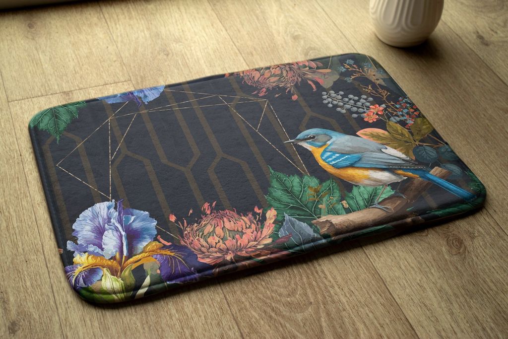 Badteppich Saugfähige - Badezimmer Teppich - Rutschfester Badvorleger Badematte - 75x45 cm - Vogel-Blumen