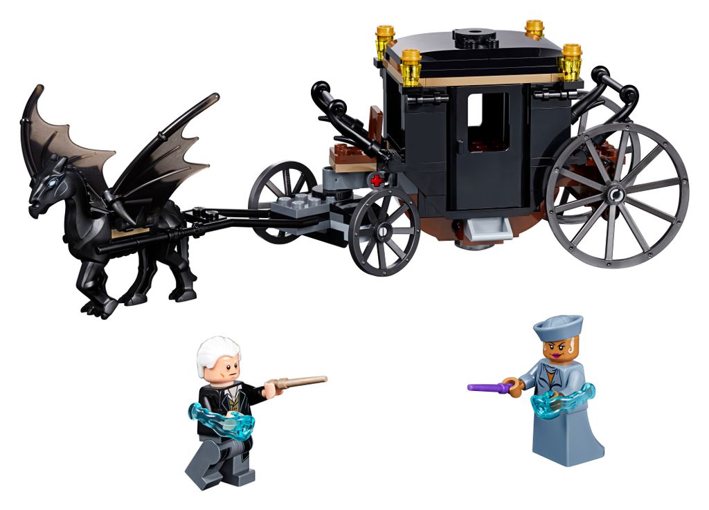 A LEGO Harry Potter set featuring a carriage pulled by a winged horse, and two minifigures.