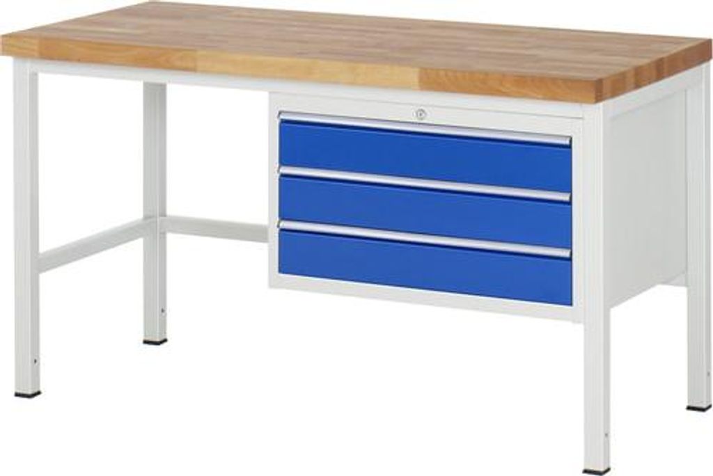Werkbank mit 3 XL Schubladen - Vollauszug - 120:3 - höhenverstellbar 840-1.040 mm - 1.500 x 700 mm (BxT) - Traglast 1.250 kg - Buche