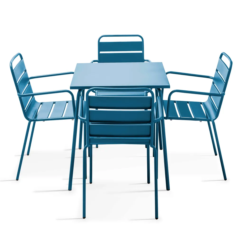 Table de terrasse et fauteuils empilables en acier bleu pacifique Palavas