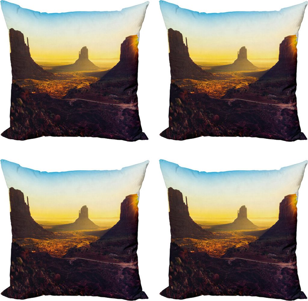 ABAKUHAUS Landschaft Kissenbezug Set (4 Stück), Sonnenaufgang Monument Valley, Moderner Doppelseitiger Digitaldruck, 45 cm x 45 cm, Senf Dunkel Ma...