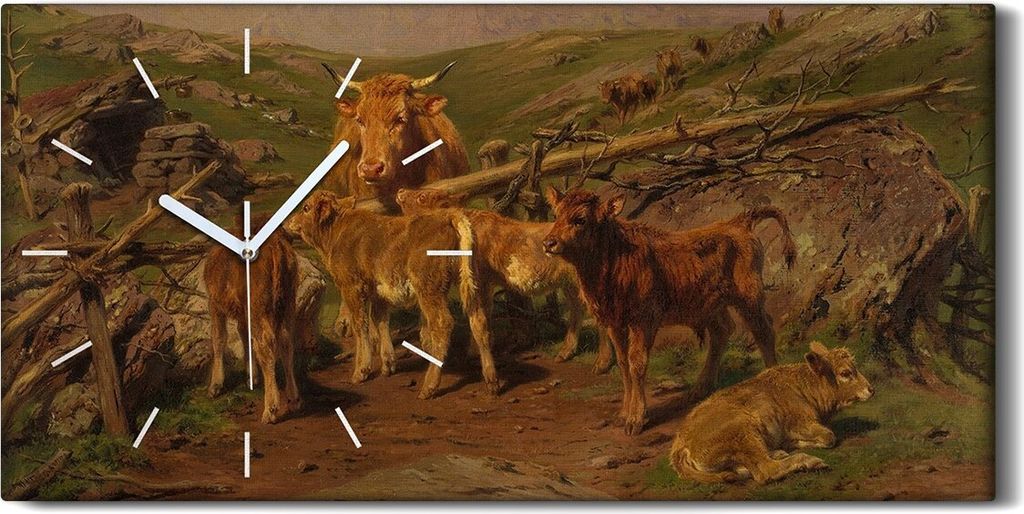 Wandbild Leinwand Bilder Wanduhr 60x30 Gemälde Landschaft Tiere Kühe Berge - weiße Hände