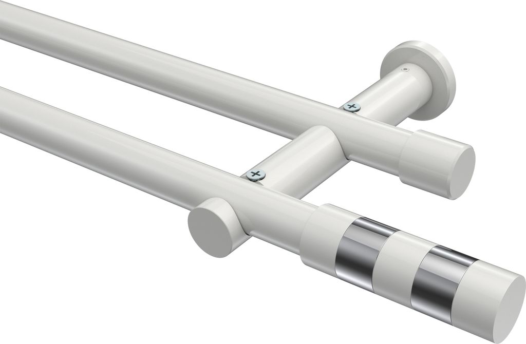Interdeco Gardinenstange / Vorhangstange Weiß, Typ Platon Mavell (Zylinder Bicolor) ohne Ringe, 20 mm Ø 2-läufig, 280 cm