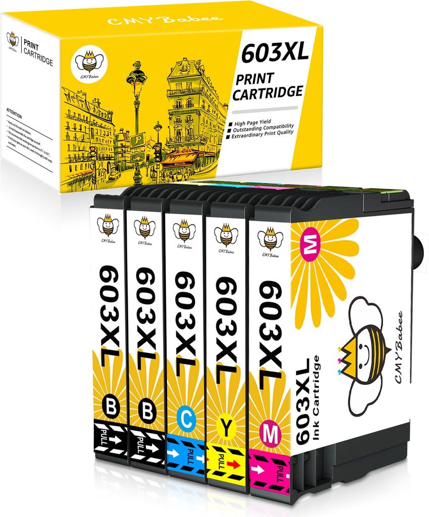 A box of CMYBabee 603XL print cartridges and a set of the cartridges themselves.