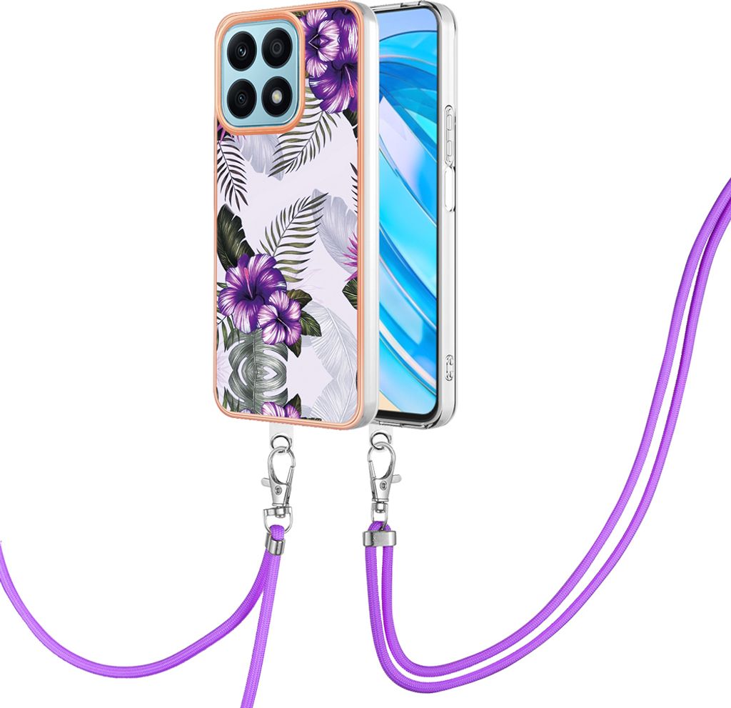 Handykette Hülle für Honor X8a Muster TPU Schutzhülle mit verstellbarem Tragegurt Lila