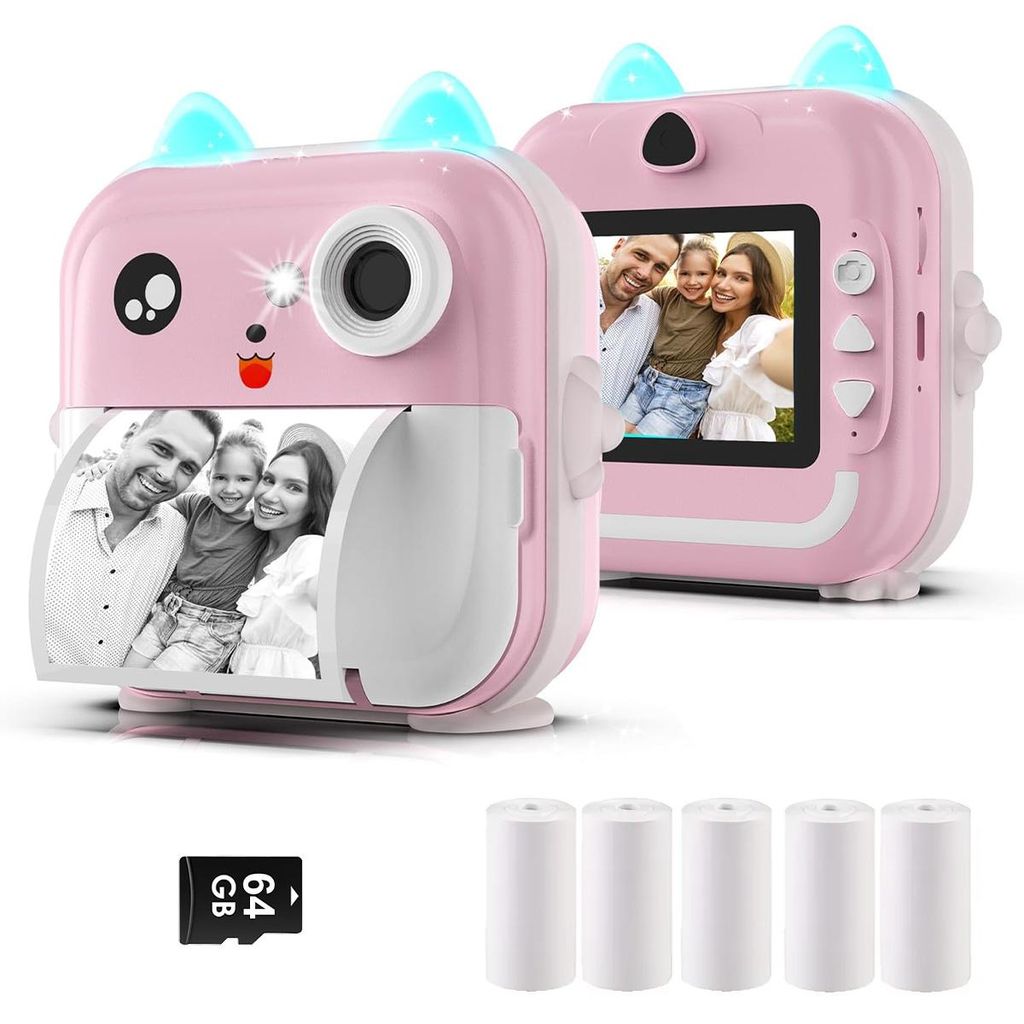 2.4 Zoll Digitalkameras, Kinder Fotoapparat & Drucker – 2400W Pixel, 64GB, Videoaufnahme, DIY Malspaß, 5 Rollen Papier