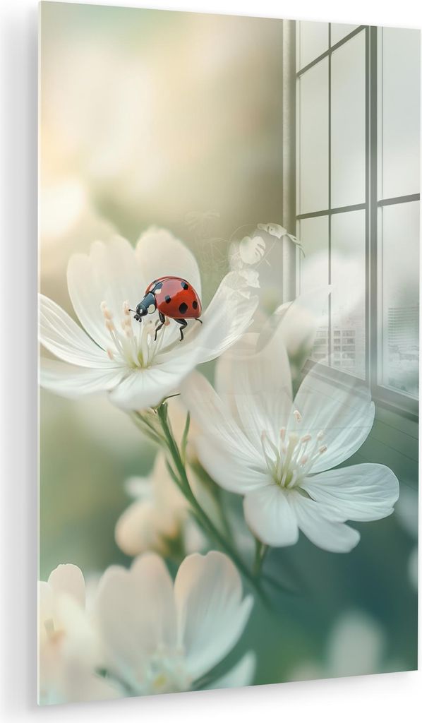 MuchoWow Glasbilder - Bilder auf Wandbild - Foto auf Glas Marienkäfer - Blumen - Weiß 40x60 cm Wanddekoration aus Glas - Acrylglasbild - Acrylbil...
