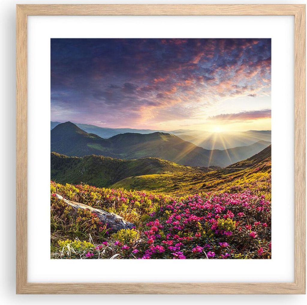 Gerahmtes Poster - Rahmen in heller Eiche - Gebirge Wiese Landschaft Wald - 40x40 cm - Wand Bild - Wanddeko - Wandbilder - Wandposter - Bilderrahme...