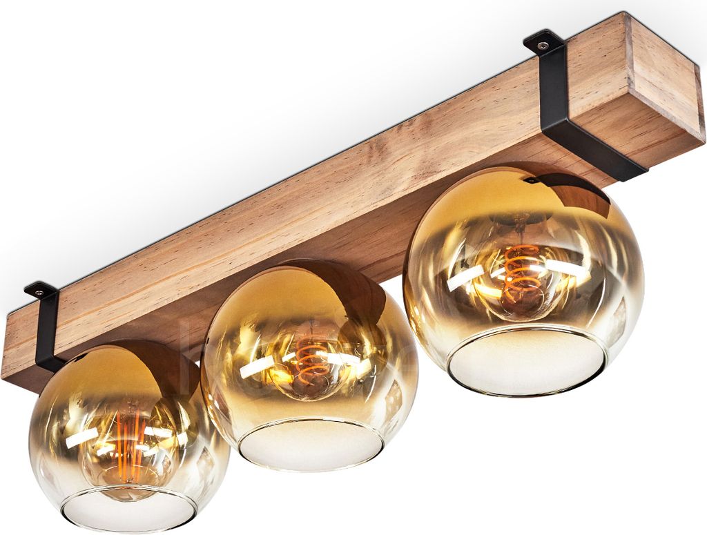 Bollengo Deckenlampe aus Metall/Holz/Glas in Schwarz/Natur/Goldfarben/Klar