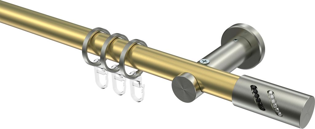 Interdeco Gardinenstange / Vorhangstange Messing-Optik / Edelstahl-Optik, Typ Platon Zoena (Glitzerzylinder), 20 mm Ø 1-läufig, 100 cm