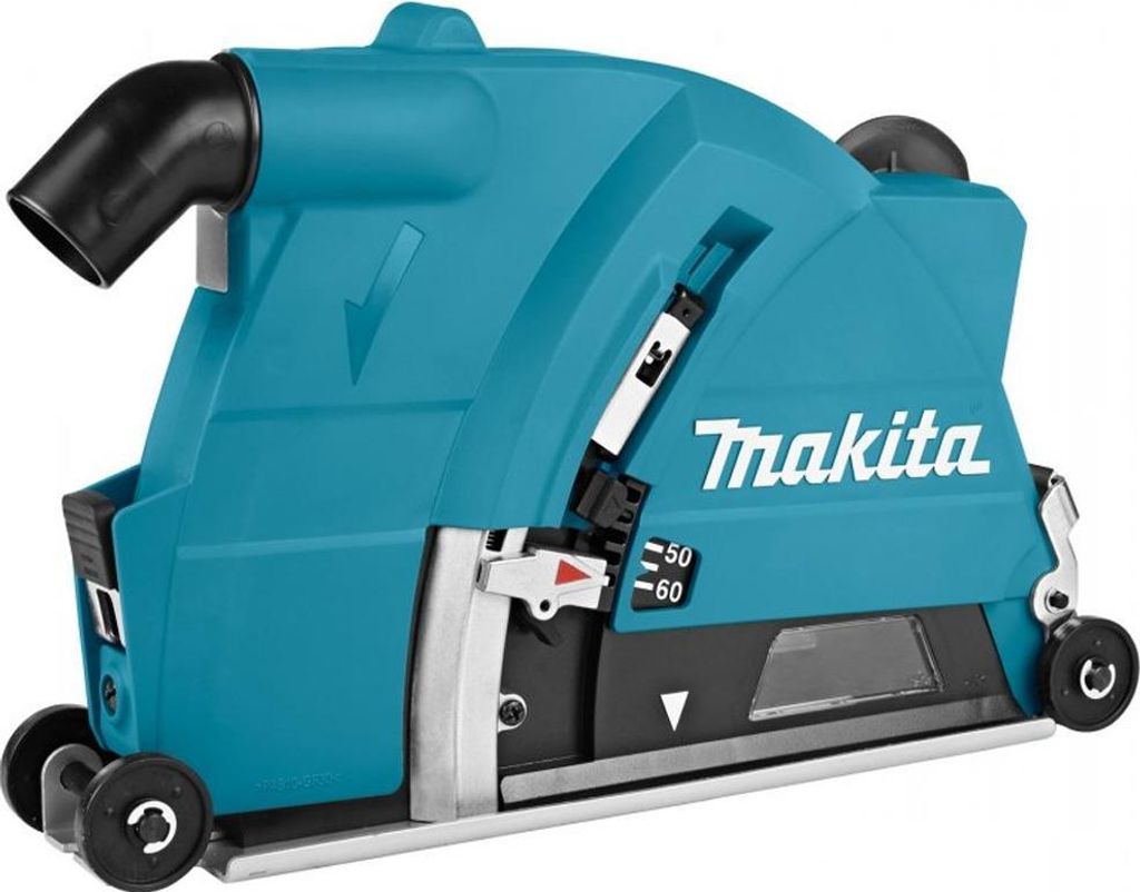 A teal Makita dust extraction shroud for a grinder is shown against a white background.