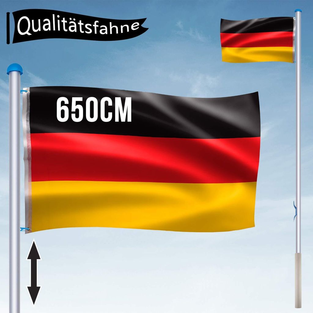 Produktbild von FLAGMASTER Teleskop Fahnenmast Aluminium 6,50m, 5-Fach Höhenverstellbar, 30 Verschiedene Fahnen Zur Wahl, Komplettset Mit Bodenhülse