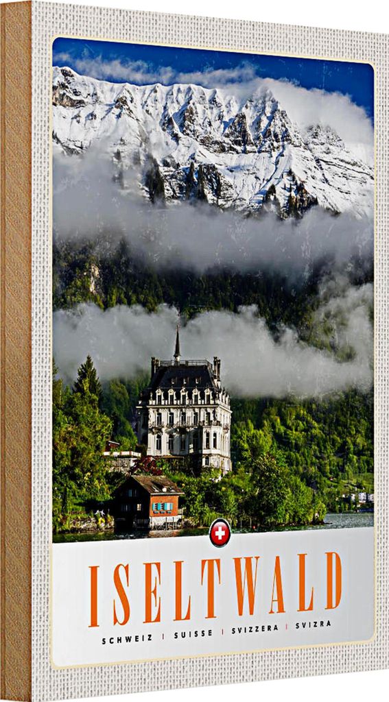Holzschild Reise 20x30cm Iseltwald Gebirge Schnee Wald Schloss