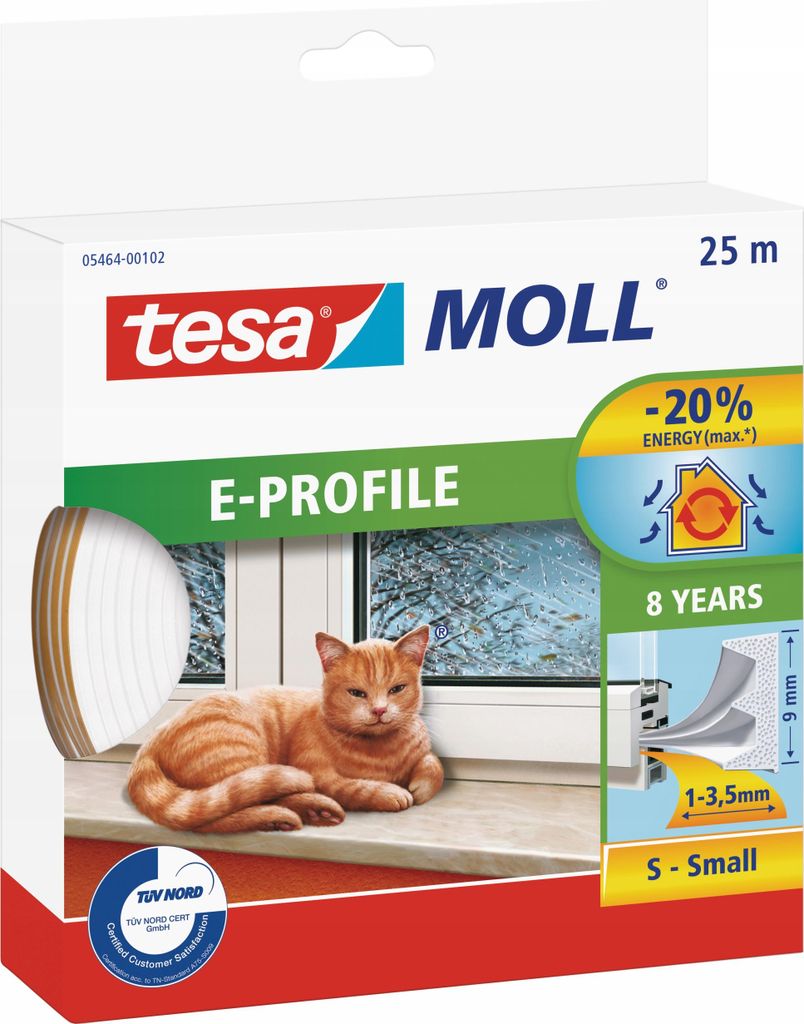 TESA Selbstklebende Gummidichtung für Fenster und Türen, E-Profil, weiß, 25m