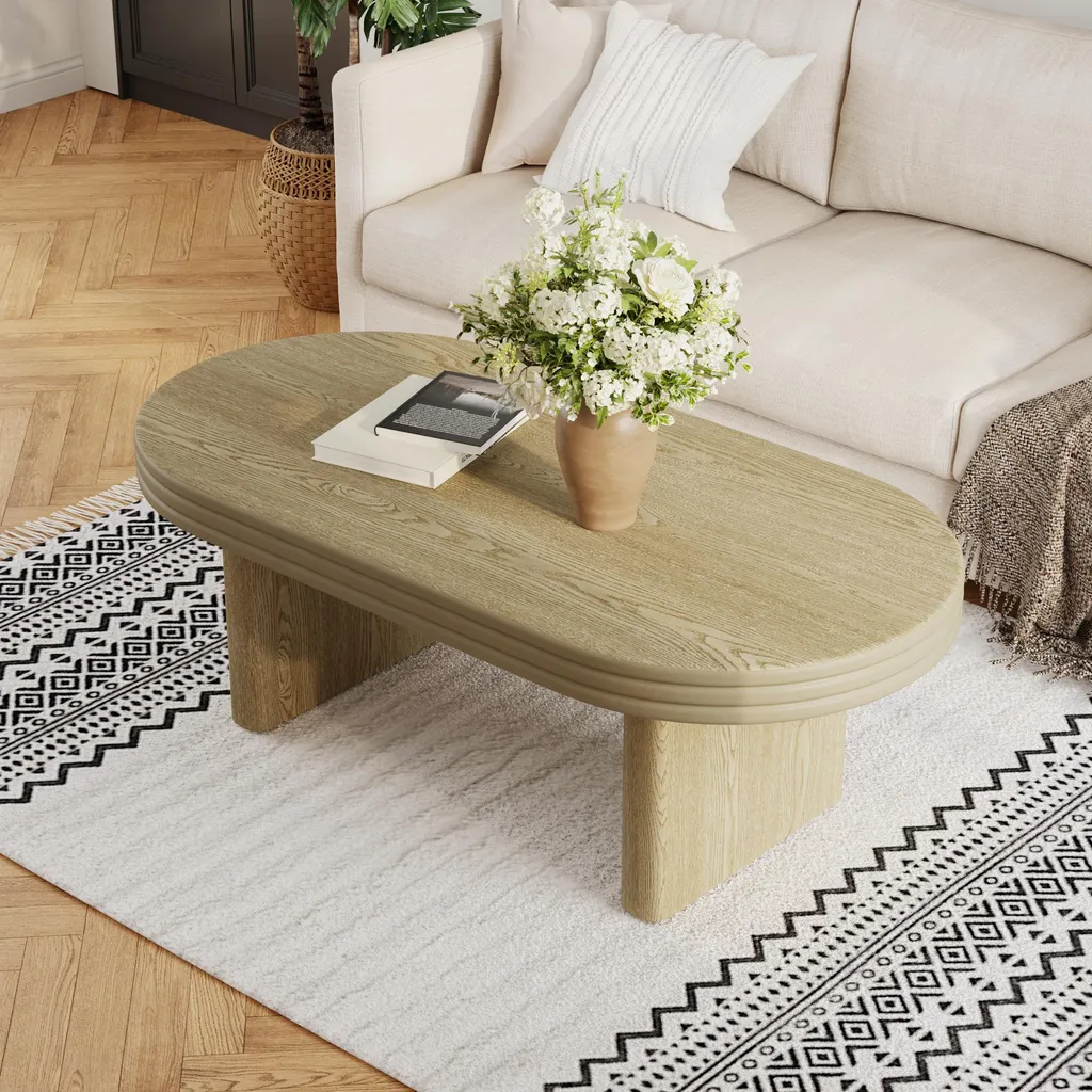 Table Basse Ovale OKWISH en Bois Naturel 120x60 Rainurée Style Rétro