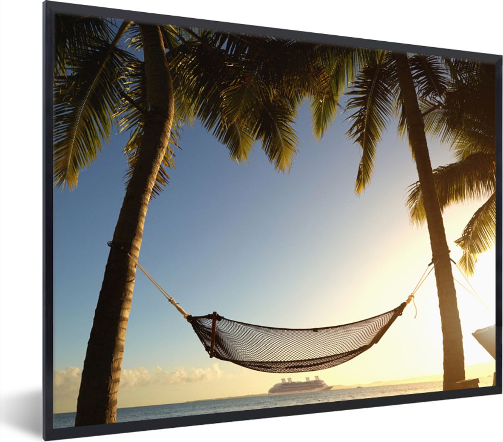 MuchoWow Gerahmtes Poster Palme - Hängematte - Sonnenuntergang 40x30 cm - Poster mit Schwarzem Bilderrahmen Wandposter Rahmen Foto Bilder - Kuns...