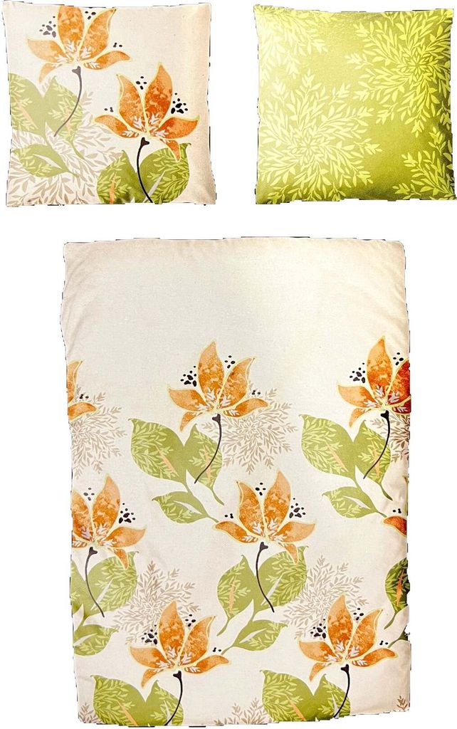 Hochwertige Biber Bettwäsche Baumwolle Blumen Weiß Grün 155x220 80x80cm: 2tlg.