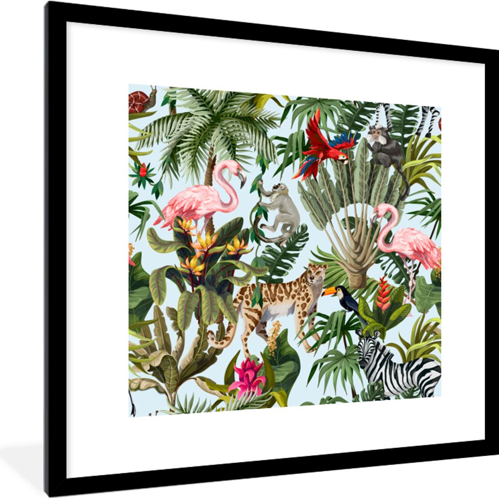 MuchoWow MuchoWow Gerahmtes Poster Dschungel - Tiere - Mädchen - Kinder - Jungen - Flamingo - Papagei 40x40 cm - Poster mit zchwarzem Bilderra...