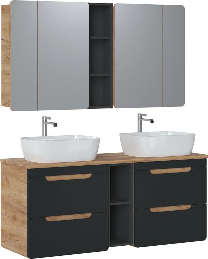 MONTIERT Badmöbel Set ARUBA COSMOS–EICHE 140cm mit 2 Waschbecken Matt Soft-Close
