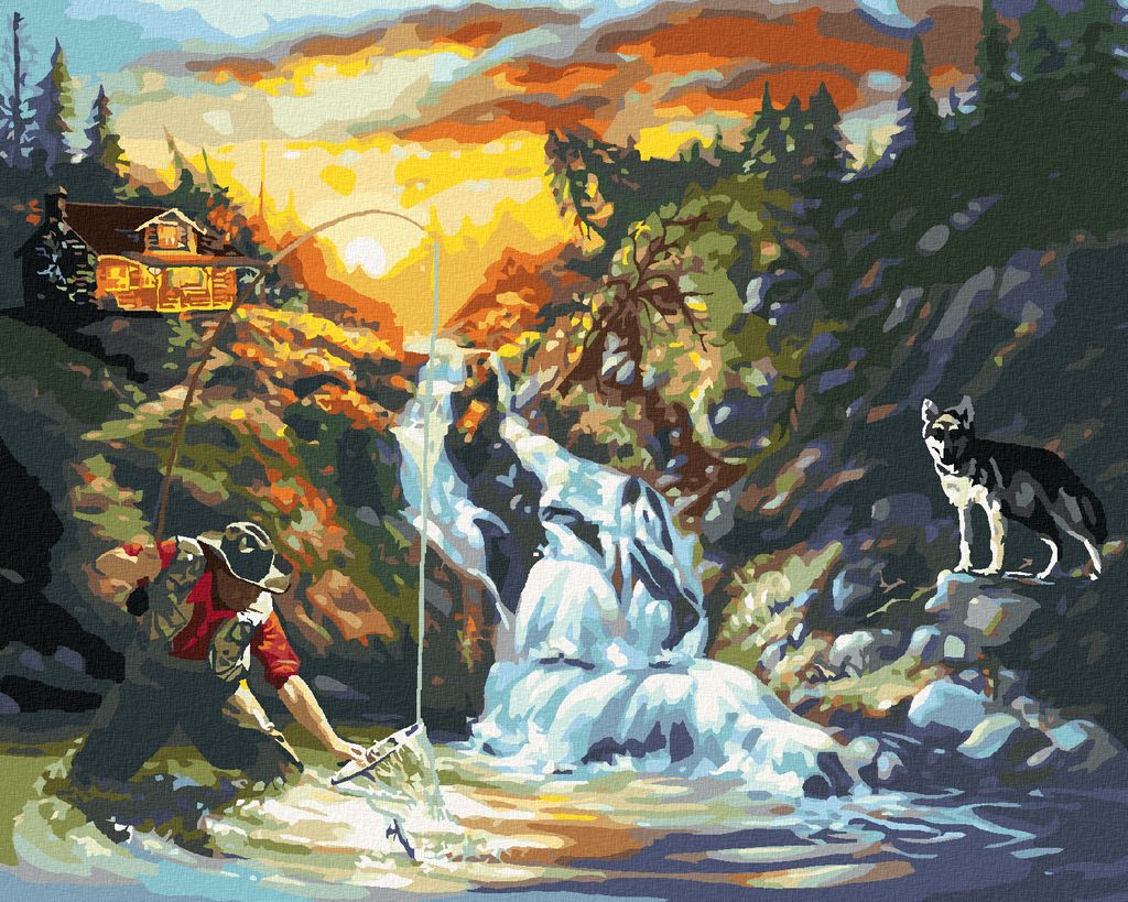 Zuty - Malen nach Zahlen - FISCHER, WASSERFALL UND WOLF (D. RUSTY RUST), 40x50 cm, mit Keilrahmen (bereits gespannt)