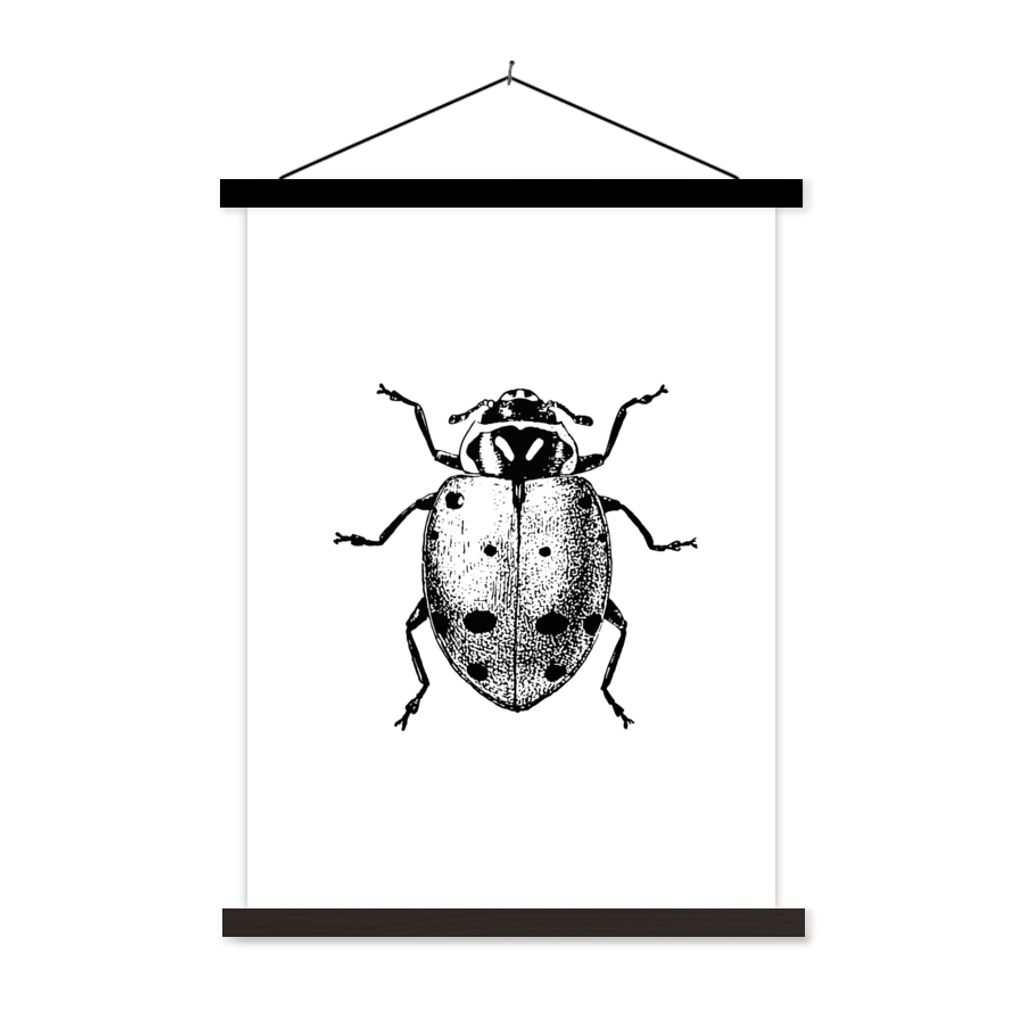 MuchoWow Textilposter Vintage - Marienkäfer - Insekten - Schwarz und weiß 60x80 cm mit schwarzem Rahmen - Plakathalter