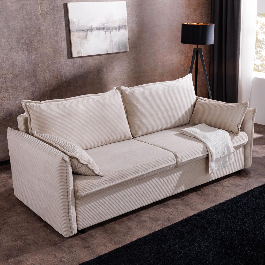 riess-ambiente Design Schlafsofa APARTMENT 215cm beige Cord 3-Sitzer Couch inkl. Bettkasten Kissen Schlafcouch Sofa