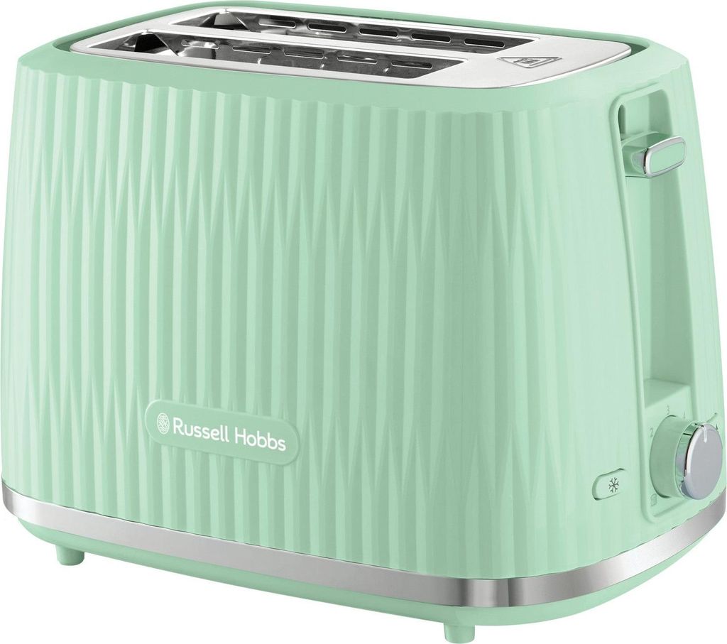 A mint green Russell Hobbs toaster with a ribbed texture.