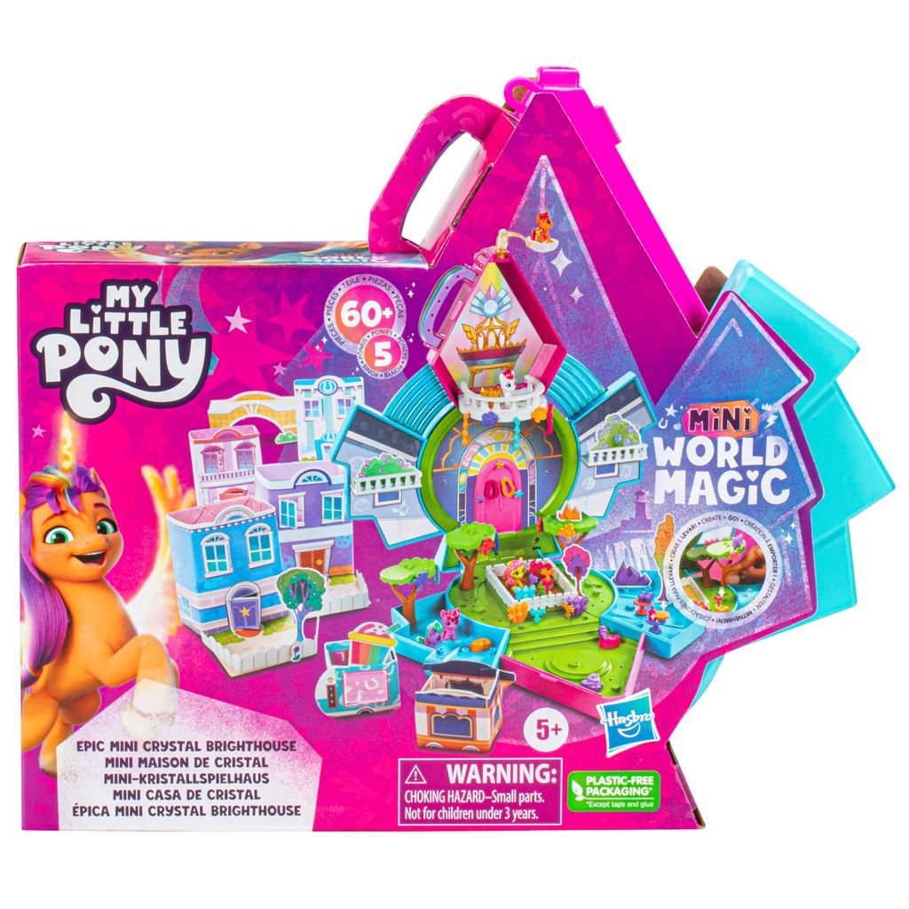 The image shows the packaging of a My Little Pony toy set, featuring a colorful, open box design that displays the toy's components and branding.