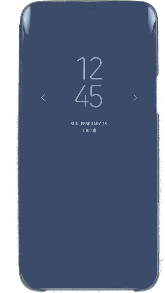 A smartphone with a blue book-style case displaying the time and date.