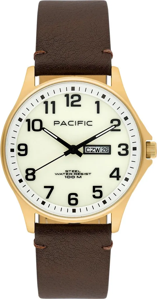 Montre homme Pacific marron chic, bracelet cuir véritable et cadran plat