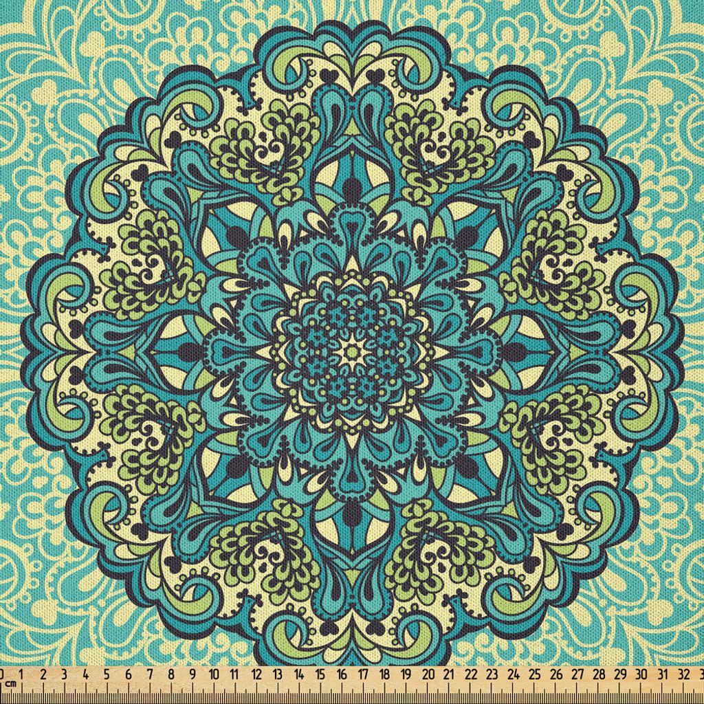 ABAKUHAUS Ethnisch Microfaser Stoff als Meterware , Abstrakte Blumen-Anordnungs-Mandala Style Natur Elements Vibrant, 2 M (230 x 200 cm), Blassgelb...